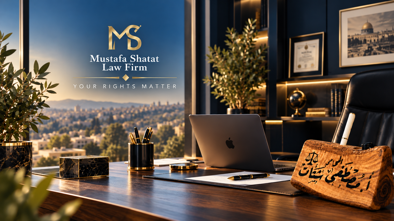 Mustafa Shatat Law Firm — Your Rights Matter. Navy and gold office illustration with a wooden nameplate.